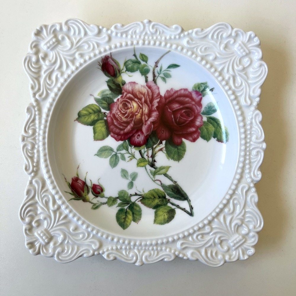 Godinger Porcelain Rose Floral Square Decorative Plate Trinket Dish 6"